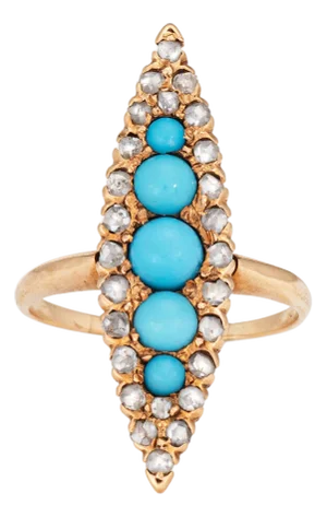 Late 19th Century Antique Victorian Turquoise Diamond Navette Ring 14 Karat Yellow Gold Size 5.5 Jewelry
