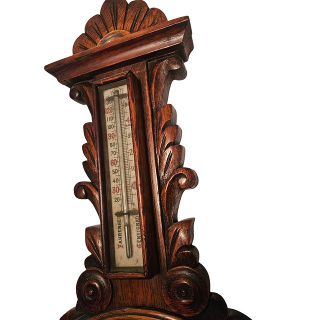 Late 19th Century Antique Aneroid Banjo Barometer Carved Oak English Victorian For Sale - Image 5 of 18