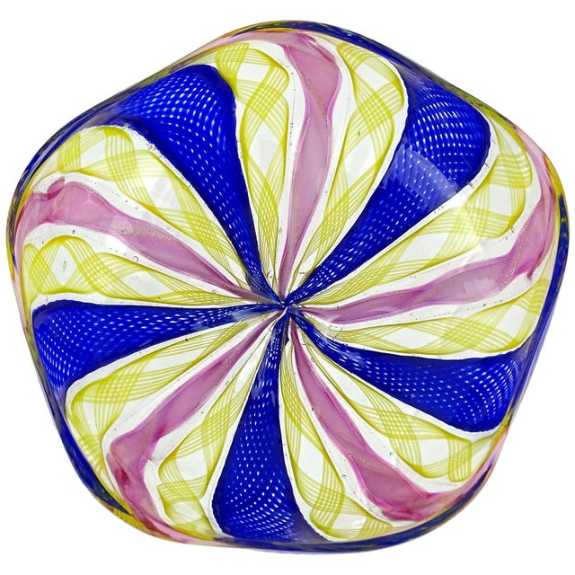 Glass Vintage Murano Cobalt Blue Pink Yellow Zafirico Ribbons Italian Art Glass Trinket Jewelry Ring Dish For Sale - Image 7 of 7