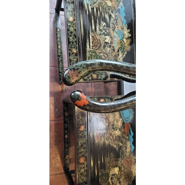 Chinese Horseshoe Chairs Black Lacquer Hand Painted Pair For Sale - Image 4 of 13