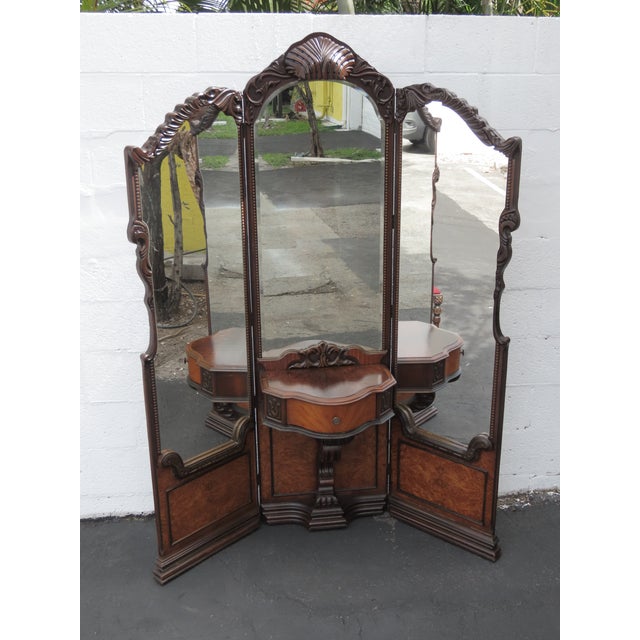 1920s Carved Tri Fold Vanity Makeup Dressing Table and Stool 6454 For Sale - Image 9 of 18