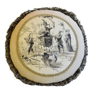 Italian Scalamandre Toile Chinoiserie Feather/Down Pillow 20" Round For Sale