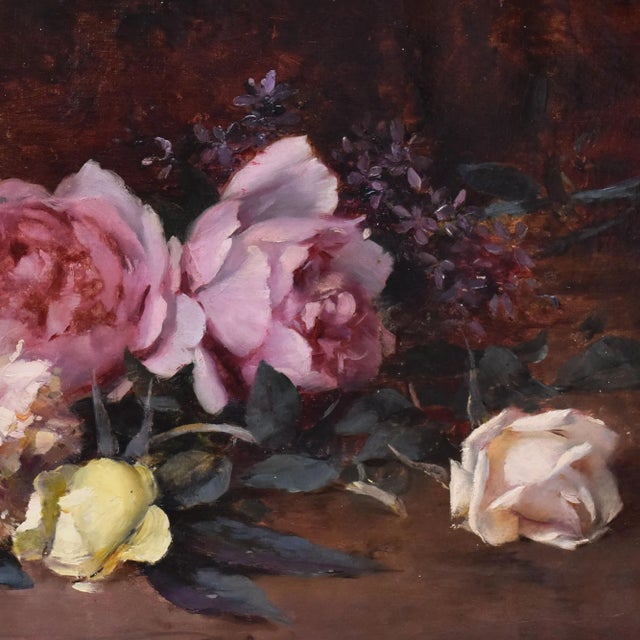 Gallian, Still Life with Pink and White Roses, 1887, Oil on Canvas, Framed For Sale - Image 4 of 11
