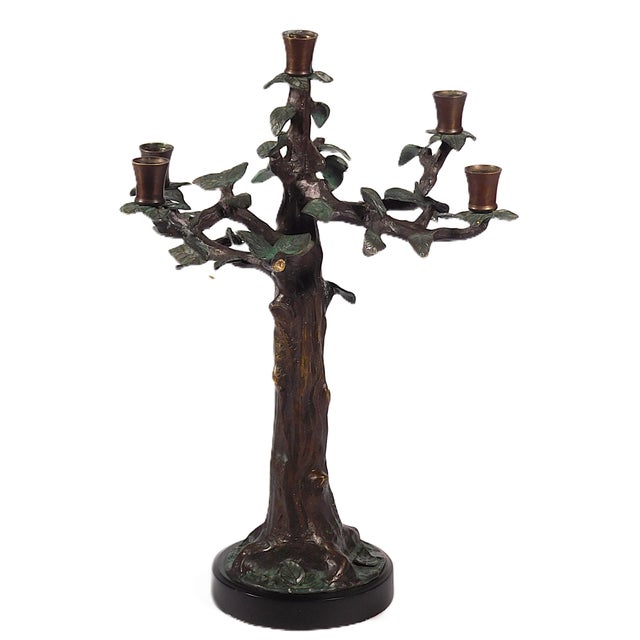 Cold-Painted Bronze Candelabra, 20th C., five candle holders, tree form with cold painted leaves and trunk body, with...