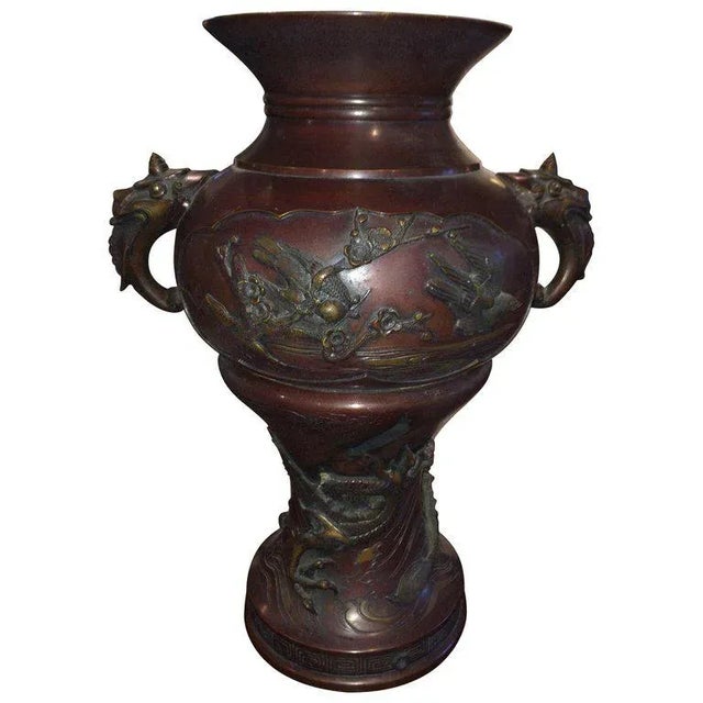 Meiji Period Bronze Twin Handled Urn With Decoration For Sale - Image 13 of 13