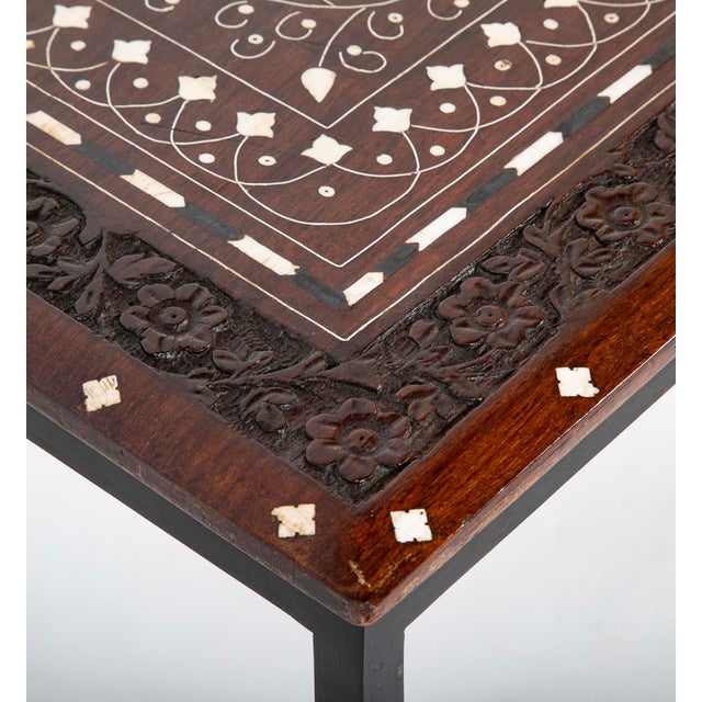 Antique Anglo Indian Coffee Table Rosewood Top With Maquetry Inlay on Custom Steel Base For Sale In New York - Image 6 of 11