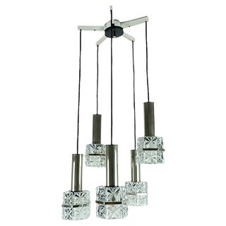 Chrome Chandelier with Faceted Glass & 5 Shades, 1960s For Sale