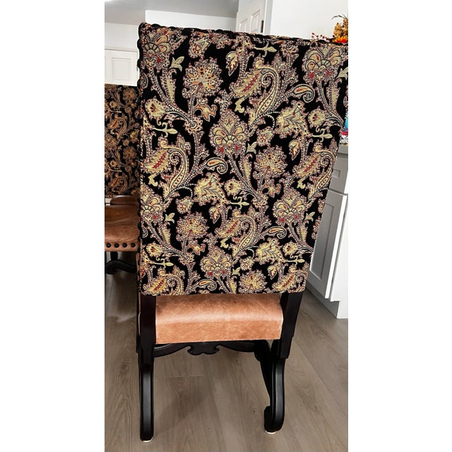 Farmhouse Set of 8 Dining Chairs – Leather Seats, Tapestry Backs, Nailhead Detail For Sale - Image 3 of 12