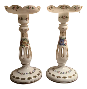 Antique Bohemian Hand Painted Cased Glassware Candlesticks - a Pair