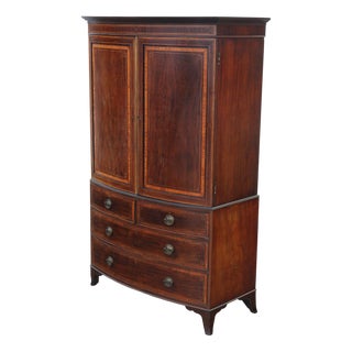 Antique Bow-Front Inlaid Mahogany Linen Press Cupboard For Sale