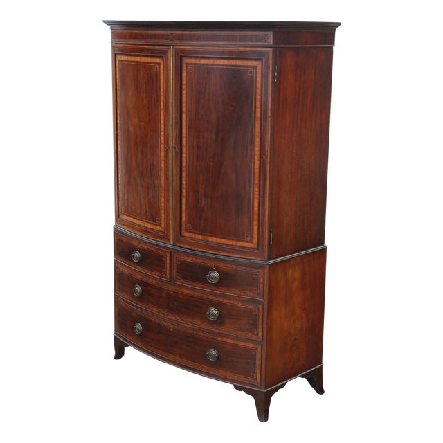 Antique Bow-Front Inlaid Mahogany Linen Press Cupboard For Sale