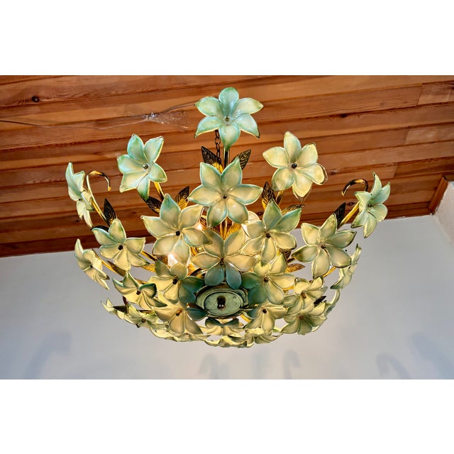 1970s Vintage Murano Style Hand-Painted Green Glass Floral Flush Mount Chandelier⁠ For Sale - Image 18 of 18