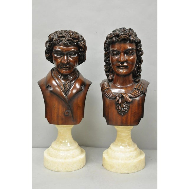Late 20th Century Classical Maitland Smith Style Carved Mahogany Wood Bust on Alabaster - A Pair For Sale - Image 14 of 15
