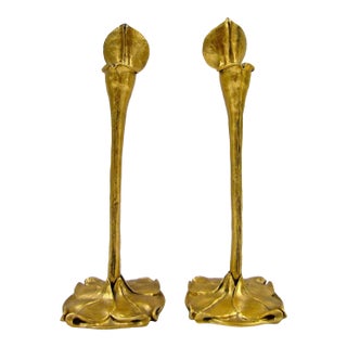 Late 19th Century Pair Art Nouveau German Cast Brass Calla Lily Candlesticks Attributed to Richard Müller For Sale