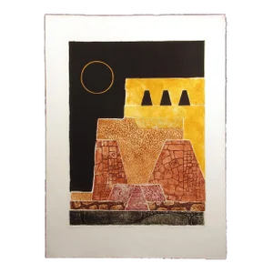 1980s Martha Slaymaker "Moon Temple" Signed Numbered Collagraph Etching Fine Art