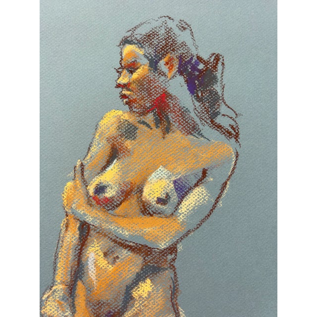 Impressionistic Pastel Drawing on Blue Paper of Nude Woman by Harold Grote For Sale - Image 4 of 6