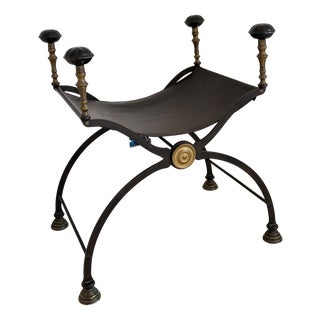 Vintage Wrought Iron, Brass and Leather Stool, 1920s For Sale