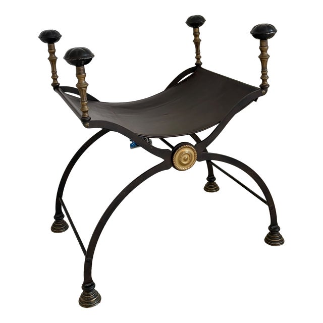 Vintage Wrought Iron, Brass and Leather Stool, 1920s For Sale