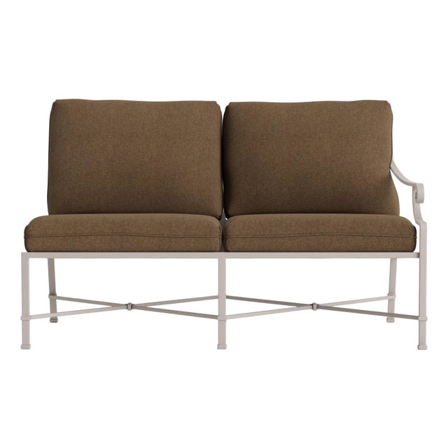 Brown Jordan Venetian Right Arm Loveseat, Dove frame with Fusion Moccasian fabric For Sale