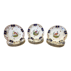 18th Century English Copeland Porcelain Dinner Plates With Hand Painted Exotic Birds & Gold Raised Bug Designs- Set of 18 Each Is Different