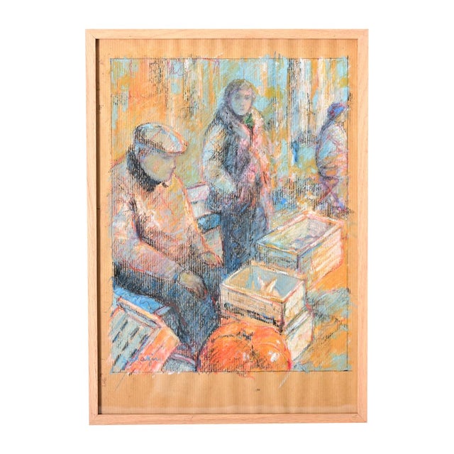 French Vintage Framed Pastel Drawing of a Farmer's Market For Sale - Image 10 of 10