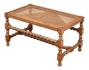 1900s English Carved Barley Twist Oak and Cane Bench