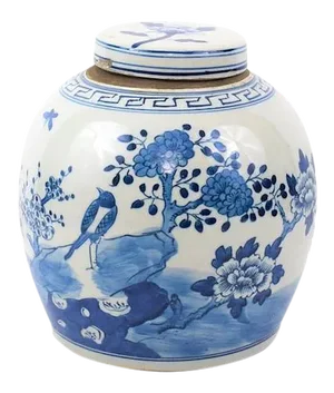 Vintage Chinoiserie Blue and White Birds Ginger Jar