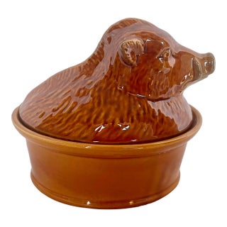 Mid 20th Century Geo French Faience Brown Ceramic Boar Terrine For Sale