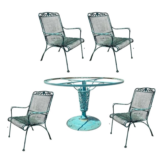 Vintage Woodard Style Wrought Iron Patio Dining Chairs & Round Pedestal Base Table, 5 Pieces For Sale