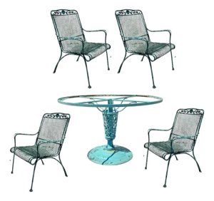 Vintage Woodard Style Wrought Iron Patio Dining Chairs & Round Pedestal Base Table, 5 Pieces