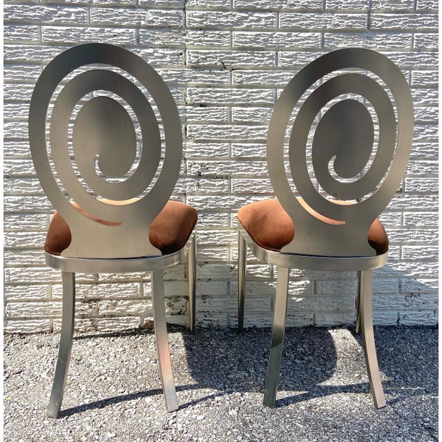 Vintage Ethan Allen Radius Brushed Nickel Dining Side Chairs in Brown
