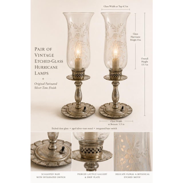 A charming pair of vintage etched-glass hurricane lamps distinguished by their petite proportions, romantic botanical...