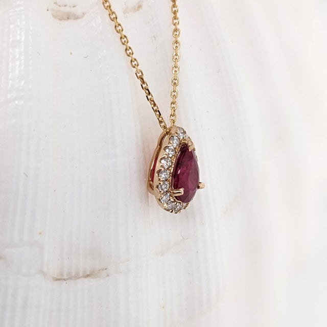 Ruby Pendant W Earth Mined Diamonds in Solid 14k Yellow Gold Pear 7x5mm For Sale - Image 4 of 6