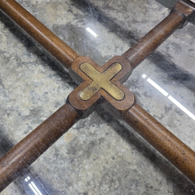 Mid 20th Century Mid 20th Century Hollywood Regency Brushed Metal With Brass Accents and Glass Top on Wood Grid Coffee Table For Sale - Image 5 of 7