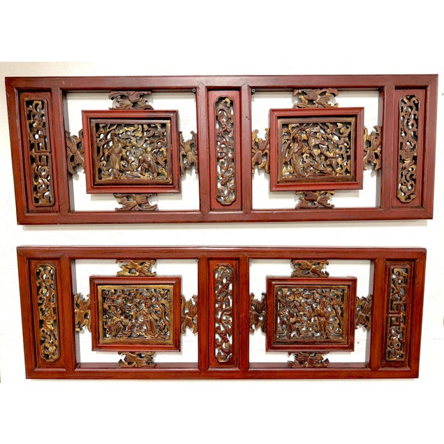 Pair of Chinese Gilt & Lacquered Openwork Figural Architectural Panels China, 20th Century An impressive pair of Chinese...