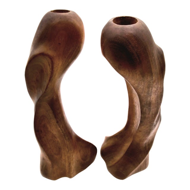 Mid Century Modern Wood Carved Candlesticks - Pair For Sale