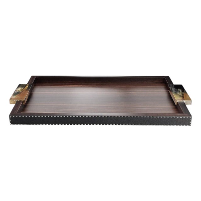 Gioele Tray in Matte Amara Ebony Veneer and Aida Pebbled Leather by Arcahorn For Sale