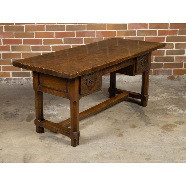 Wood French 1800s Walnut Desk with Three Drawers, Carved Floral Motifs and Patina For Sale - Image 7 of 12