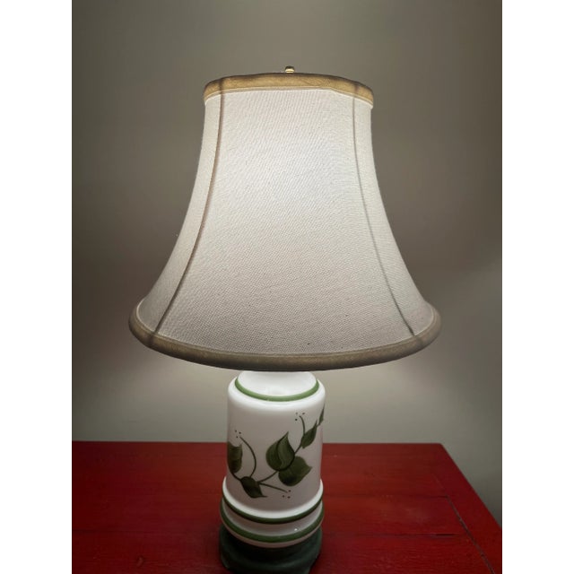 White Milk Glass Table Lamp With Green Hand Painted Leaves Late 20th Century For Sale In Naples, FL - Image 6 of 11