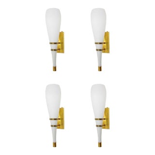 Set of Four Italian White Frosted Murano Glass Torch Sconces & Brass. 1960's. For Sale