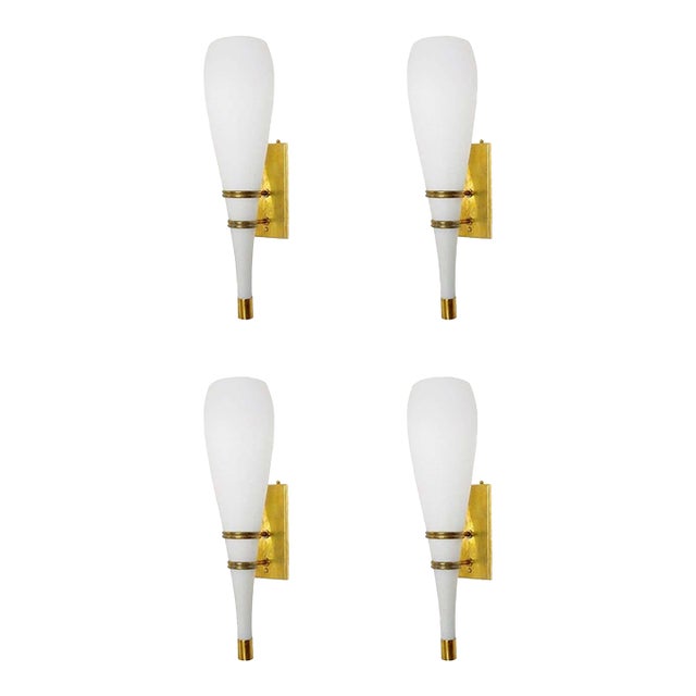 Set of Four Italian White Frosted Murano Glass Torch Sconces & Brass. 1960's. For Sale