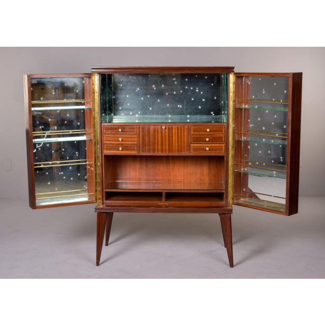 1950s Tall Mid Century Italian Bar Cabinet With Yellow Glass Panels and Mirrored Interior For Sale - Image 5 of 12