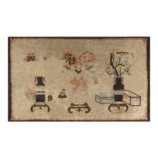 1920s Beige Vase Floral Antique Chinese Baotou Scholars Carpet Knotted Small Rug For Sale
