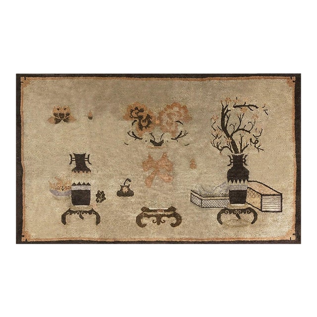 1920s Beige Vase Floral Antique Chinese Baotou Scholars Carpet Knotted Small Rug For Sale