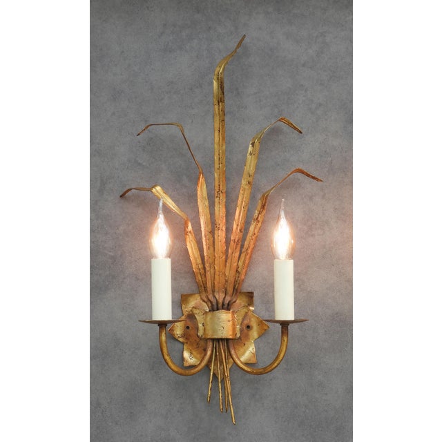 1950s Spanish Gilt Ferrocolor Tole Wheat Sheaf Wall Sconces, 1950, Set of 2 For Sale - Image 5 of 11