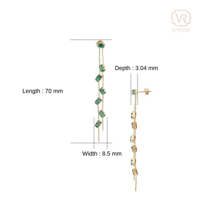 3.25ct Emerald Double Chain Long Dangle Earrings in 14k Solid Gold- A Pair For Sale - Image 10 of 15