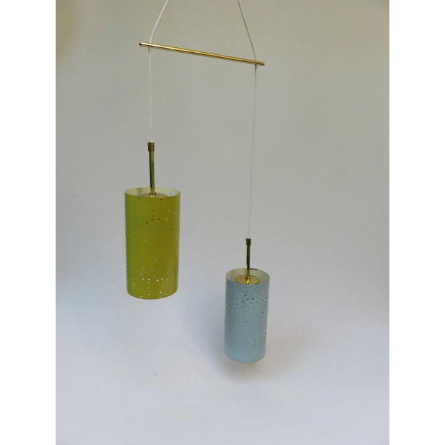 Mid-Century Modern Pendant in Brass and Yellow and Light Blue Lacquered Metal, 1950s For Sale - Image 3 of 18