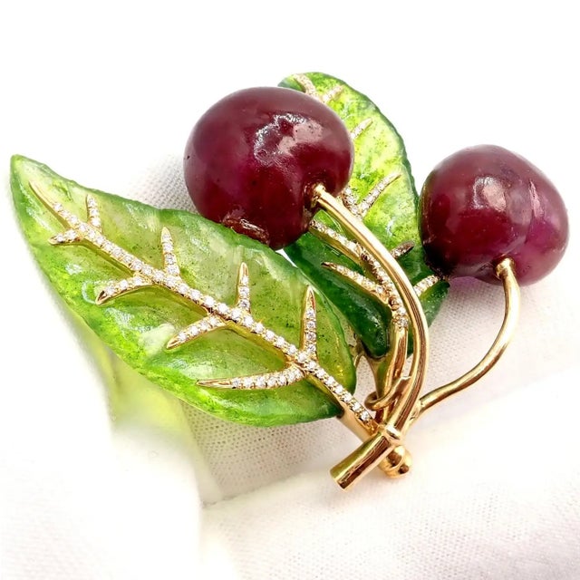 Vintage Tiffany & Co. France Diamond Plique a Jour Glass Cherries Gold Brooch For Sale - Image 11 of 16