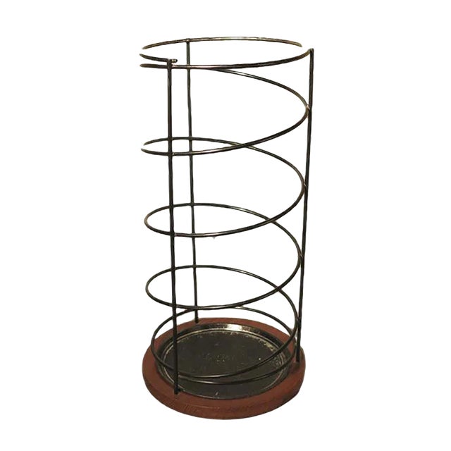 Vintage Metal & Teak Umbrella Stand For Sale