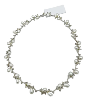 White Pearl and Round Diamond Necklace in 18k White Gold